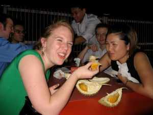 Yoshie and I enjoying our first taste of durian goodness