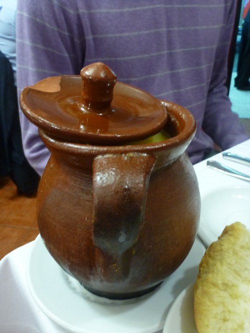 You eat the broth first, then the chickpeas and the meat.  Such a filling meal!