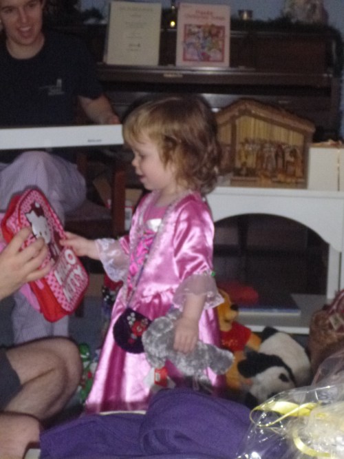 Our precious niece, Lydia, in her princess dress carrying her koala bear!