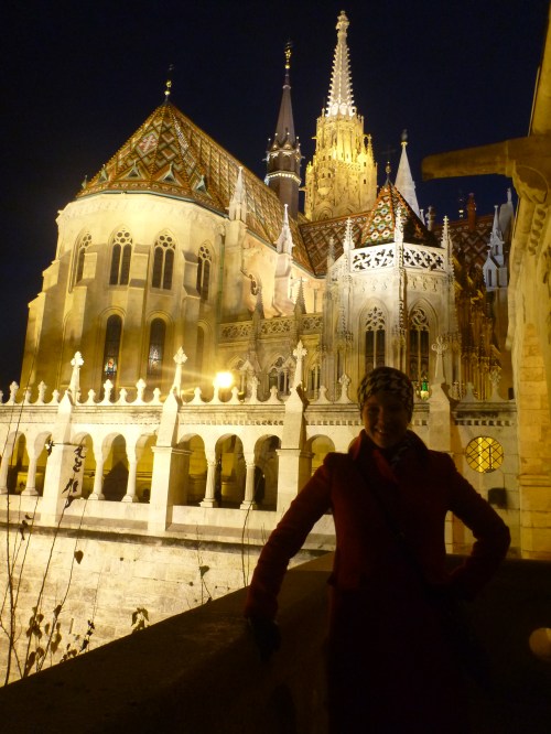 The exterior of the church from the Fisherman's Bastion after nightfall