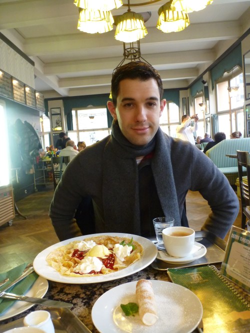 Coffee and a hot raspberry crepe at Grand Cafe Orient.