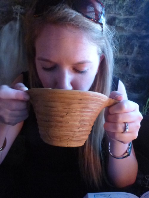 Trying the elk stew the traditional way:  no spoons.  Drink straight from the bowl!