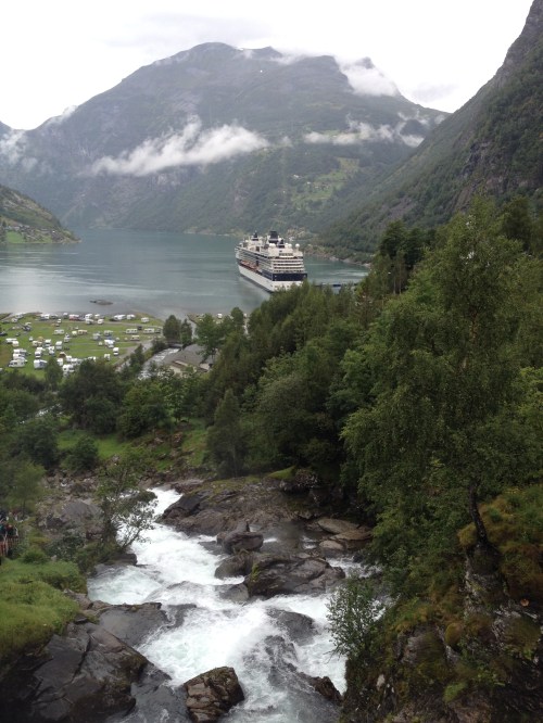 View of the Geirangerfjord from the top of the waterfall