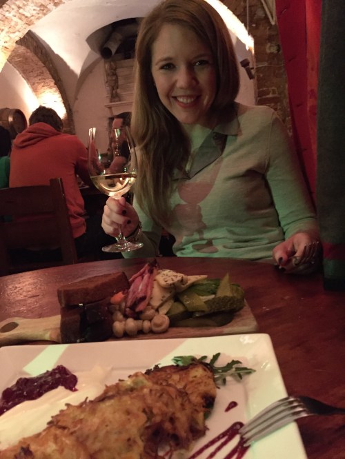 Latvian Apple Wine, Beer Platter, and Potato Pancakes with Cranberry Sauce and Sour Cream