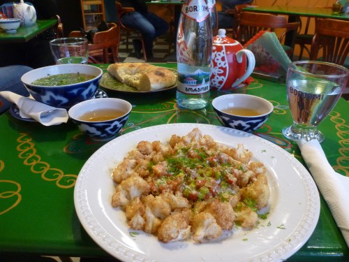 Fried cauliflower, tea, and Georgian sparkling water 