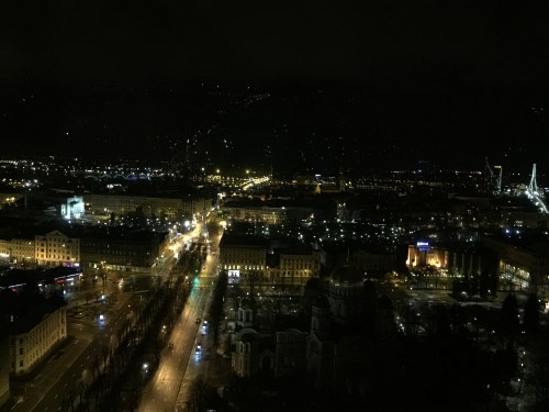 Skyline Bar:  view of Riga at night.