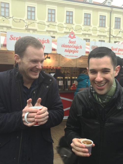 I love this picture. Ross warming his hands on his delicious mulled wine and John with his weird traditional shot with pork rinds...