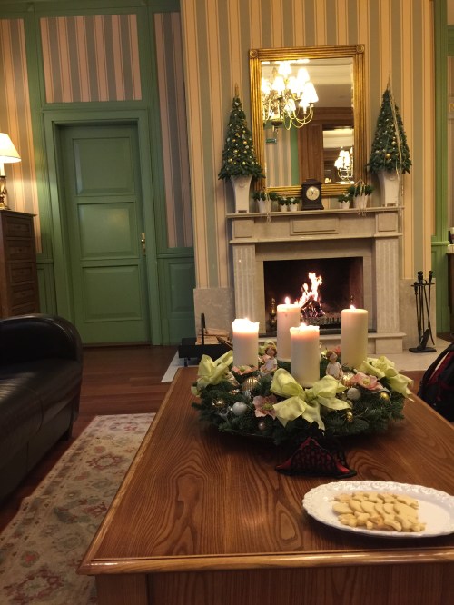 All candles lit on the advent wreath and Christmas cookies by the fire. Amazing.